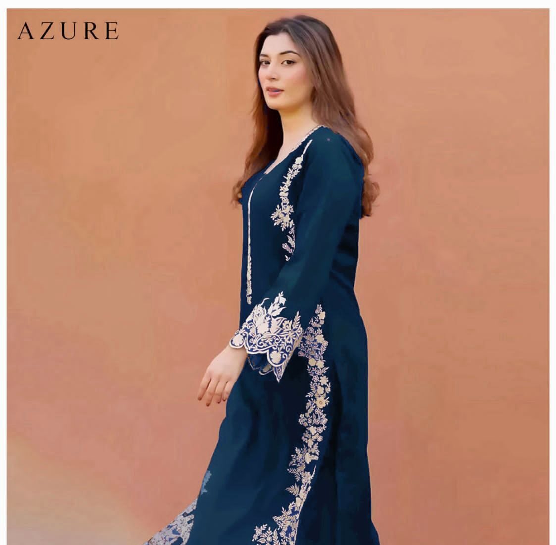 blue 2 PCS EMBROIDERED LAWN  AZURE  FABRIC LAWN 90/70 2pc
