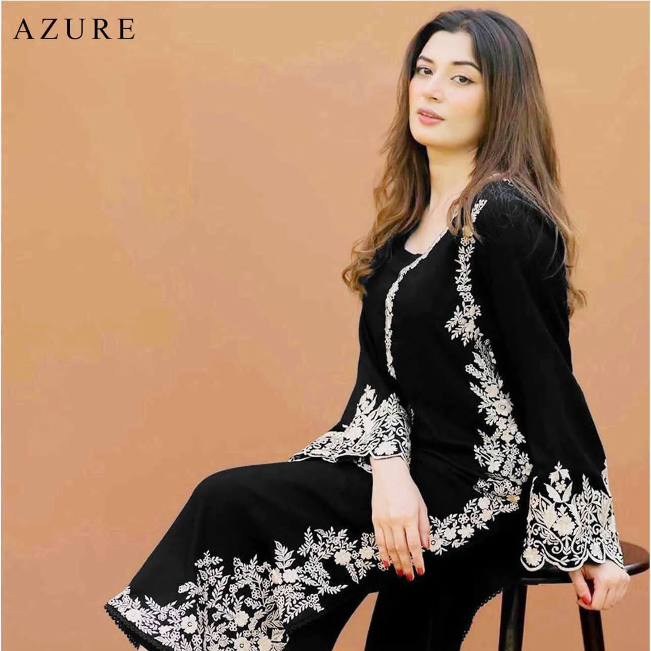 Black 2 PCS EMBROIDERED LAWN  AZURE  FABRIC LAWN 90/70 2pc