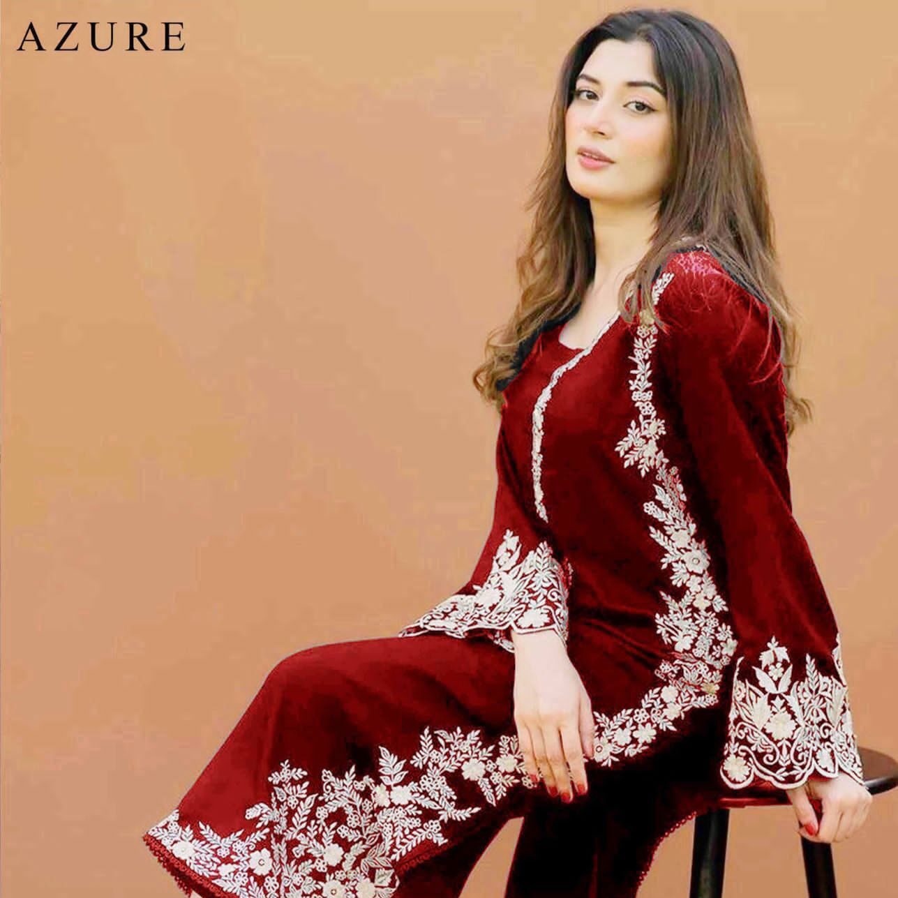 Red 2 PCS EMBROIDERED LAWN  AZURE  FABRIC LAWN 90/70 2pc
